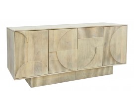 Moderný art deco svetlý hnedý príborník Sonia z bieleného mangového dreva so štyrmi dvierkami s geometrickým reliéfom 170 cm