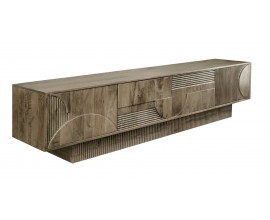 Mas&iacute;vny art deco TV stol&iacute;k Sonia so &scaron;tyrmi dvierkami s geometrick&yacute;m vyrez&aacute;van&yacute;m zdoben&iacute;m v sivej farbe 200 cm