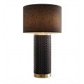 Dizajnová glamour stolná lampa Draconia s čiernym valcovitým textilným tienidlom a keramickou nohou v čiernej farbe s plastickým reliéfom so vzorom štvorcov s kovovými detailmi v zlatej farbe