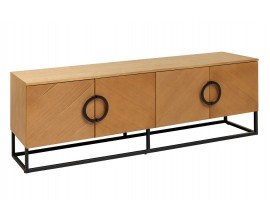 Moderný art deco TV stolík Arkline v svetlom hnedom dubovom prevedení so štyrmi dvierkami s diagonálnym vzorom 180 cm