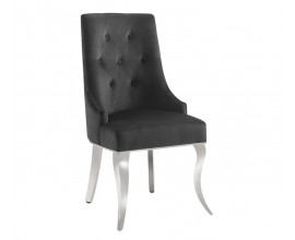 Modern&aacute; glamour jed&aacute;lensk&aacute; stolička Modern Barock s kabriolov&yacute;mi nohami v striebornej farbe z u&scaron;ľachtilej ocele s čiernym poťahom zo zamatu a &uacute;chytkou na zadnej časti v tvare levovej hlavy
