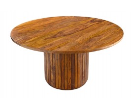 Art deco okr&uacute;hly jed&aacute;lensk&yacute; st&ocirc;l Gire z mas&iacute;vneho sheeshamov&eacute;ho dreva v hnedej farbe s nohou v tvare valca s lamelov&yacute;m dizajnom