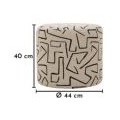 Modern&aacute; okr&uacute;hla čal&uacute;nen&aacute; taburetka Terezja s textiln&yacute;m b&eacute;žovo hned&yacute;m poťahom s čiernym geometrick&yacute;m vzorom 44 cm