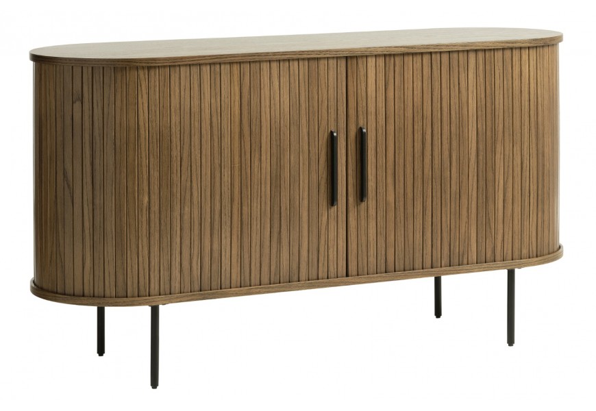 Retro tmav&yacute; hned&yacute; dubov&yacute; pr&iacute;born&iacute;k Bornholm ov&aacute;lneho tvaru s dvomi posuvn&yacute;mi dvierkami s vertik&aacute;lnym lamelov&yacute;m zdoben&iacute;m 140 cm