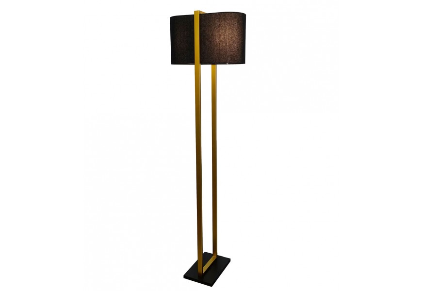 Art deco obdĺžniková stojaca lampa Ambient s oválnym čiernym látkovým tienidlom so zlatým kovovým rámom s povrchovou úpravou a čiernym obdĺžnikovým podstavcom z MDF dosky