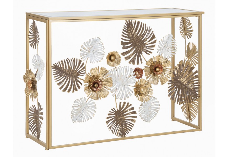 Dizajnov&yacute; glamour zlat&yacute; konzolov&yacute; stol&iacute;k Floral s obdĺžnikovou zrkadlovou doskou a kovovou podstavou s flor&aacute;lnym zdoben&iacute;m 114 cm
