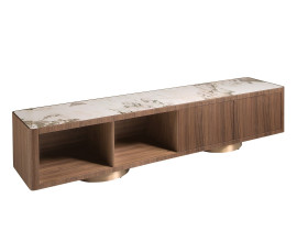 Luxusn&yacute; art deco TV stol&iacute;k Vita Naturale s policami a z&aacute;suvkami v hnedom orechovom preveden&iacute; s bielou mramorovou doskou 200 cm