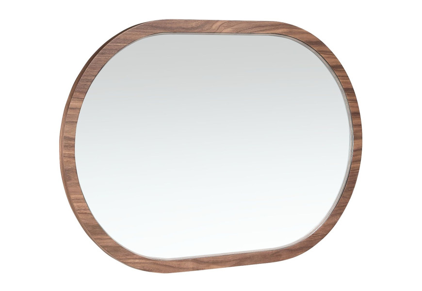 Luxusné dizajnové minimalistické závesné zrkadlo Vita Naturale oválneho tvaru s tenkým hladkým rámom z orechovej dyhy v prírodnej hnedej farbe