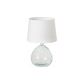 Dizajnová moderná stolová lampa Glassy s priehľadnou nohou s jemne asymetrickým tvarom z recyklovaného skla s okrúhlym bielym tienidlom z textilu
