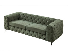 Dizajnov&aacute; chesterfield trojsedačka Modern Barock s mohutnou siluetou s hlbok&yacute;m bodov&yacute;m pre&scaron;&iacute;van&iacute;m a diamantov&yacute;m vzorom s hladk&yacute;mi sedac&iacute;mi vank&uacute;&scaron;mi so zamatov&yacute;m poťahom v zelenej farbe s čiernymi &scaron;t&iacute;hlymi nožičkami