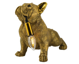 Dizajnov&aacute; art deco stoln&aacute; lampa Tierra Glam v lesklom zlatom preveden&iacute; v podobe stojaej sochy buldoga s realistick&yacute;mi detailmi držiaceho v papuli pr&iacute;vodn&yacute; k&aacute;bel so žiarovkou na konci