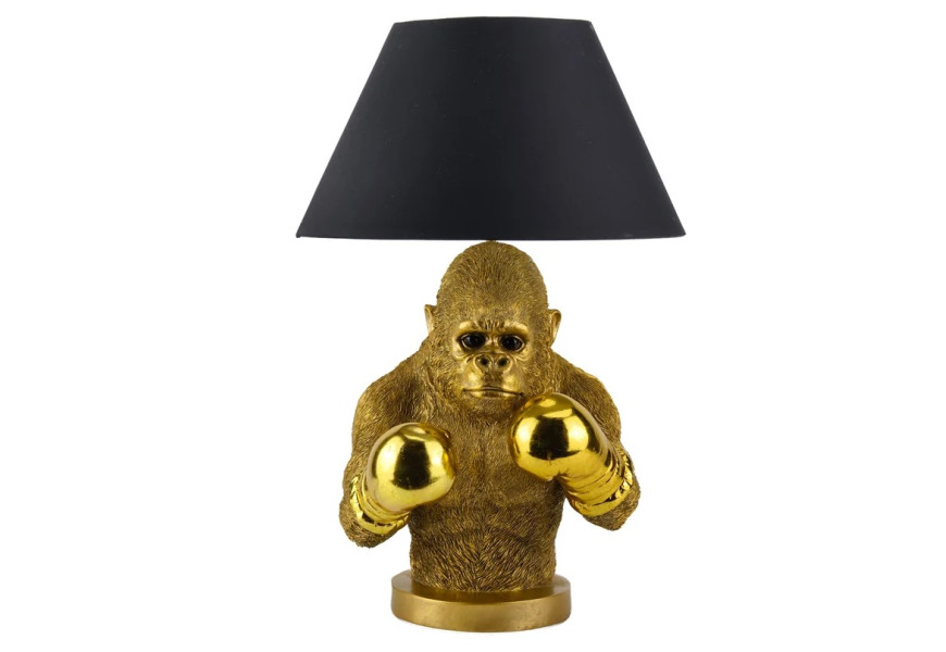 Moderná stolná lampa Pop Atelier s čiernym okrúhlym tienidlom z textilu s rozšírenou spodnou časťou a podstavou v podobe sochy polfigúry opice v pop art štýle s boxerskými rukavicami v zlatom prevedení