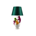 Dizajnov&aacute; stoln&aacute; lampa Tierra Glam so zelen&yacute;m textiln&yacute;m tienidlom a bielou podstavou s farebn&yacute;mi fig&uacute;rami op&iacute;c 55 cm