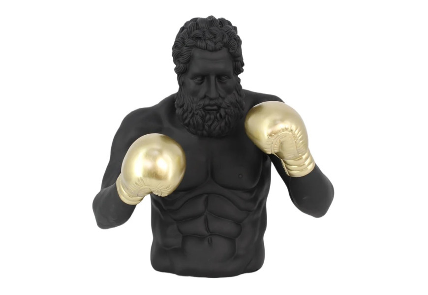 Dizajnová glamour socha Zeus v čiernej farbe v podobe vrchnej polovice tela antickej figúry s bradou v boxerskej póze so zlatými rukavicami