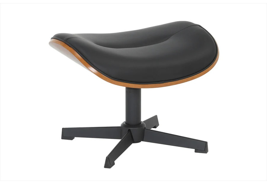 Industriálna moderná obdĺžniková podnožka Papello s čalúnenou otočnou vrchnou časťou s poťahom z eko kože v čiernej farbe s prešívaným detailom s kovovou nohou so štvorramennou podstavou s dreveným obkladom pod sedadlom z topoľovej dyhy v prírodnej hnedej farbe
