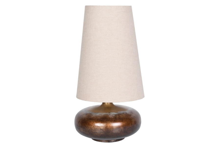 Luxusná dizajnová vintage kovová lampa Calabasas s kovovou podstavou v hnedej a zlatej farbe s patinovaným starožitným efektom nízkeho okrúhleho tvaru s vysokým valcovitým tienidlom s rozšírenou spodnou časťou z ľanu v béžovej farbe