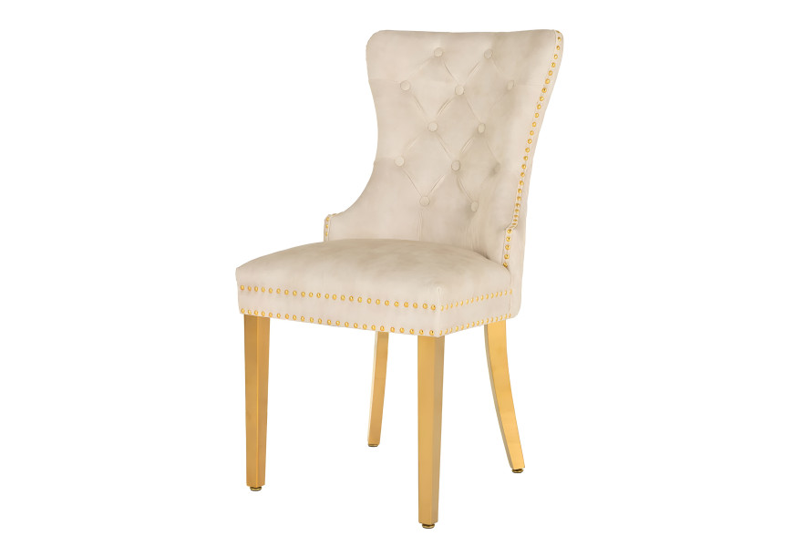 Glamour čal&uacute;nen&aacute; pre&scaron;&iacute;van&aacute; b&eacute;žov&aacute; jed&aacute;lensk&aacute; stolička Modern Barock so zlat&yacute;mi kovov&yacute;mi nožičkami a klopkadlom 98 cm