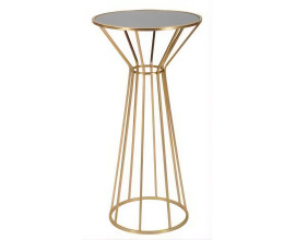 Art deco okr&uacute;hly zlat&yacute; kovov&yacute; pr&iacute;ručn&yacute; stol&iacute;k Melinda s nohou s tyčami a vrchnou sklenenou lesklou doskou 100 cm