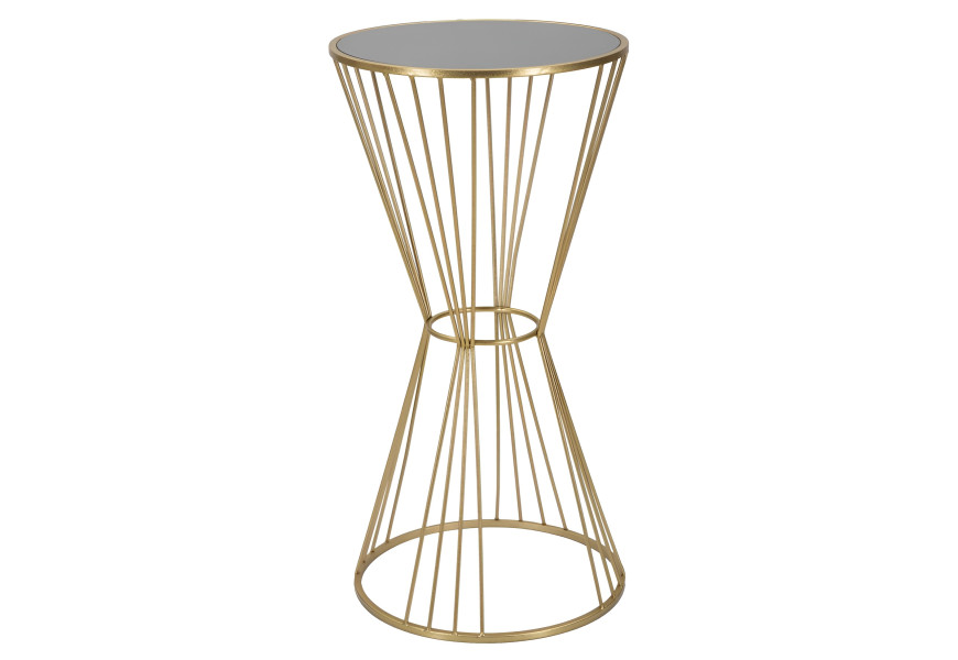 Art deco okr&uacute;hly kovov&yacute; zlat&yacute; pr&iacute;ručn&yacute; stol&iacute;k Samer s nohou v tvare pres&yacute;pac&iacute;ch hod&iacute;n s vrchnou čiernou sklenenou doskou 100 cm