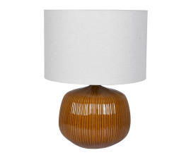 Luxusn&aacute; modern&aacute; keramick&aacute; stoln&aacute; lampa Luffy s okr&uacute;hlou nohou s vertik&aacute;lnym dr&aacute;žkovan&yacute;m zdoben&iacute;m v hnedej farbe s leskl&yacute;m povrchom z valcovit&yacute;m ľanov&yacute;m tienidlom s hladk&yacute;m tkan&iacute;m v bielej farbe