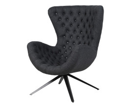 Luxusn&eacute; retro chesterfield egg kreslo Dolan s čal&uacute;nen&iacute;m a siv&yacute;m textiln&yacute;m poťahom s pre&scaron;&iacute;van&iacute;m s okr&uacute;hlymi gomb&iacute;kmi na vn&uacute;tornej strane sedadla so &scaron;tvorramennou kovovou podstavou v tmavom preveden&iacute;