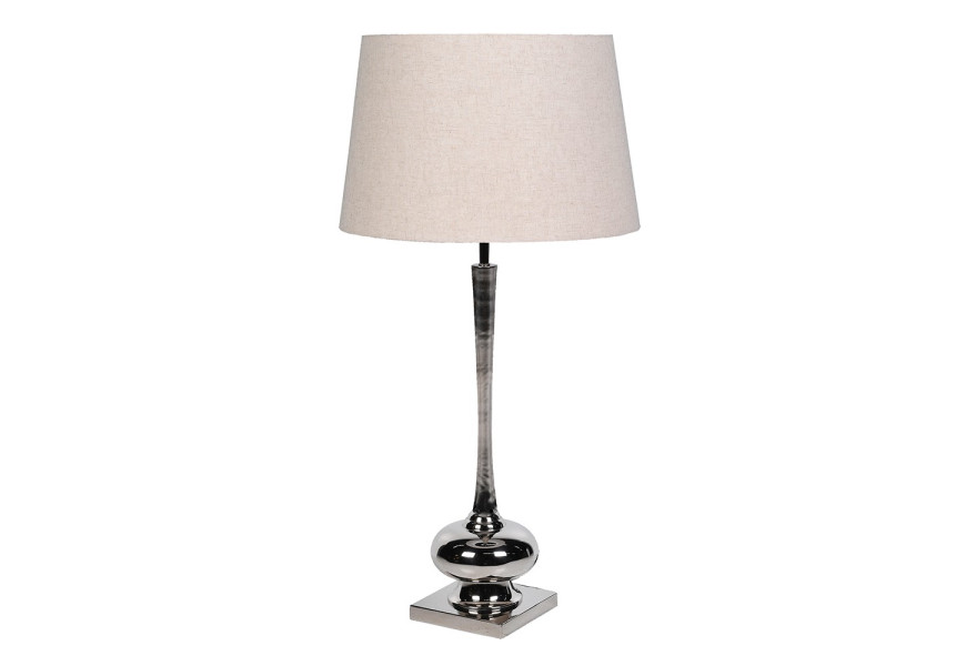 Luxusná moderná klasická stolná lampa Nicole so štíhlou nohou s balustrovo profilovanou základňou z kovu v lesklej striebornej farbe s valcovitým tienidlom z ľanu s prírodnej svetlej béžovej farbe