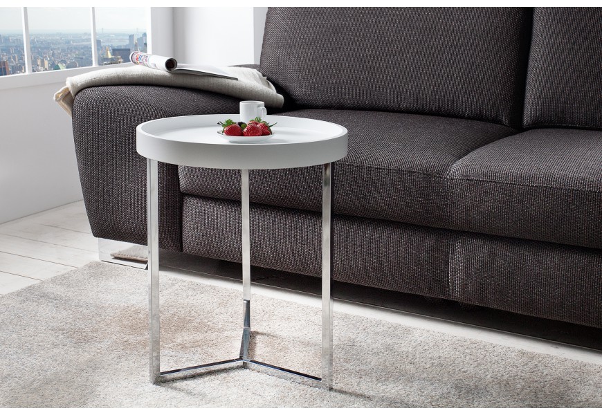 Art deco okr&uacute;hly pr&iacute;ručn&yacute; stol&iacute;k Modul s matnou sivou doskou a striebornou chr&oacute;movou kovovou podstavou 40 cm