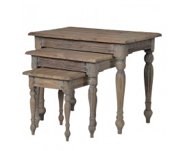 Dizajnový set troch vintage stolíkov KOLONIAL zo svetlého masívneho dreva