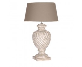 Dizajnov&aacute; vintage stoln&aacute; lampa Scally s drevenou podstavou s bielym n&aacute;terom s vymyt&yacute;m efektom a hned&yacute;m tienidlom 72 cm