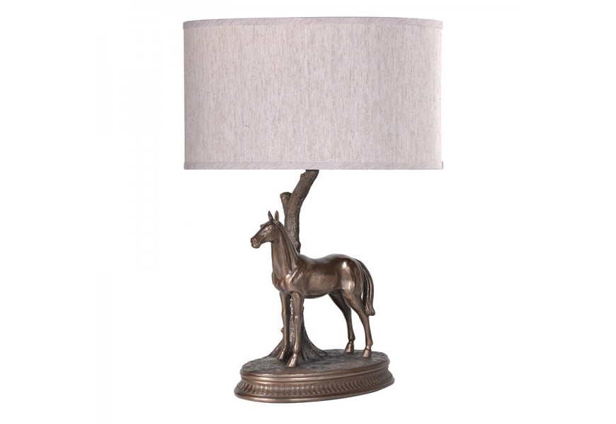 Vintage stolná lampa Calvero s podstavou s kovovým dizajnom v bronzovej farbe v podobe stojaceho koňa s nohou lampy v tvare stromu s textilným tienidlom v krémovej farbe okrúhleho tvaru