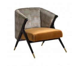 Art-deco luxusn&eacute; kreslo Brilon v horčicovom poťahu s čiernymi nohami 78cm