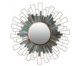Art deco z&aacute;vesn&eacute; zrkadlo Satordi s kovovou zlatou kon&scaron;trukciou a sklenen&yacute;mi l&uacute;čmi v odtieňoch modrej a sivej so vzhľadom slnka