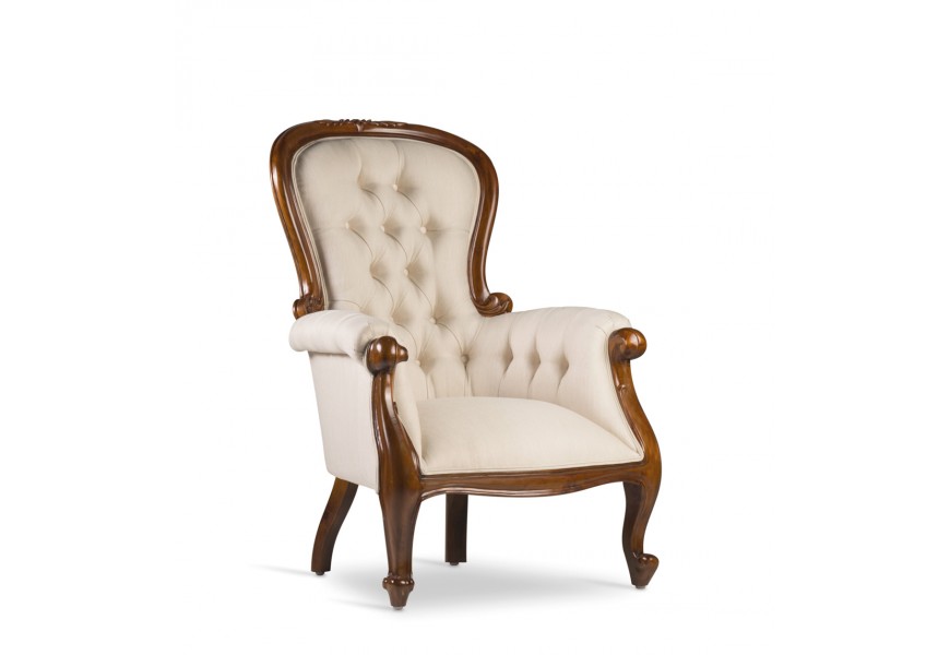 Koloni&aacute;lne Grandfather kreslo M-VINTAGE z mas&iacute;vu s b&eacute;žov&yacute;m čal&uacute;nen&iacute;m 107cm