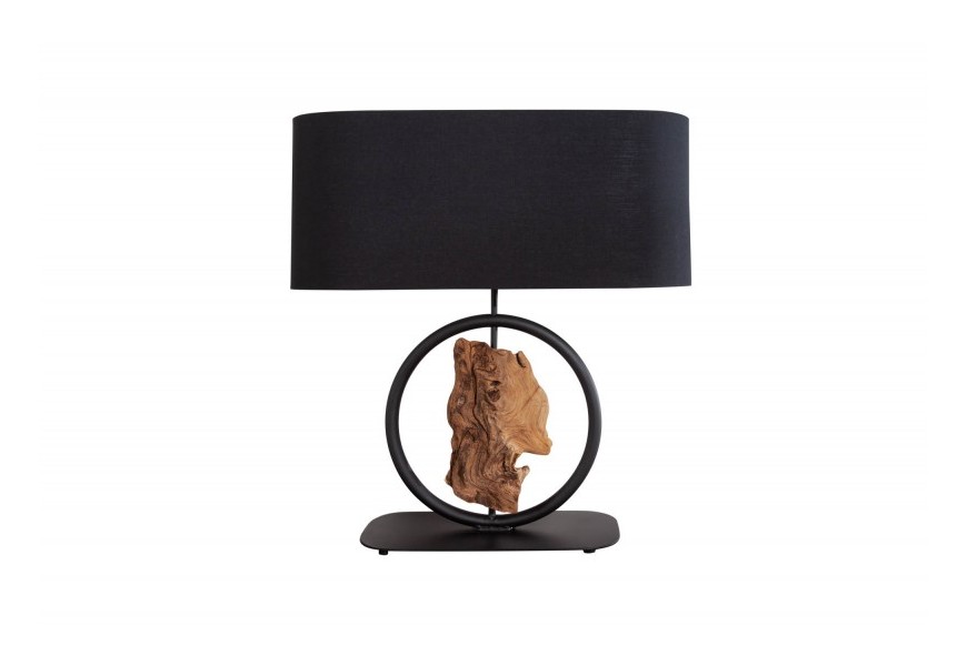 Koloniálna čierna stolná lampa Elements s dreveným prvkom na kovovej podstave s oválnym tienidlom