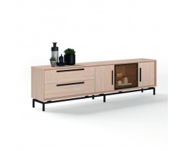 Modern&yacute; TV stol&iacute;k Estoril z&aacute;suvkami a dvierkami z mas&iacute;vu a skla na nožičk&aacute;ch 233cm 