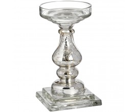 Glamour vintage svietnik Galis zo skla v striebornej farbe s dizajnovou patinou v zlatej farbe s tvarovanou nohou s obl&yacute;mi zakriveniami a &scaron;tvorcovou podstavou