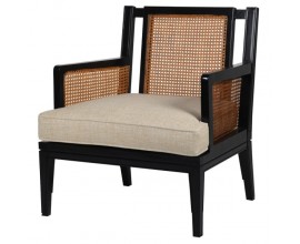 Art-Deco ratanové kreslo WIELTON NERO v čiernej farbe na nožičkách s čalúnením z ľanu 89cm