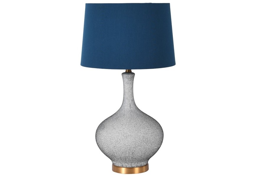 Moderná keramická stolná lampa PUNKT v striebornej farbe na podstavci v zlatej farbe s tmavomodrým tienidlom