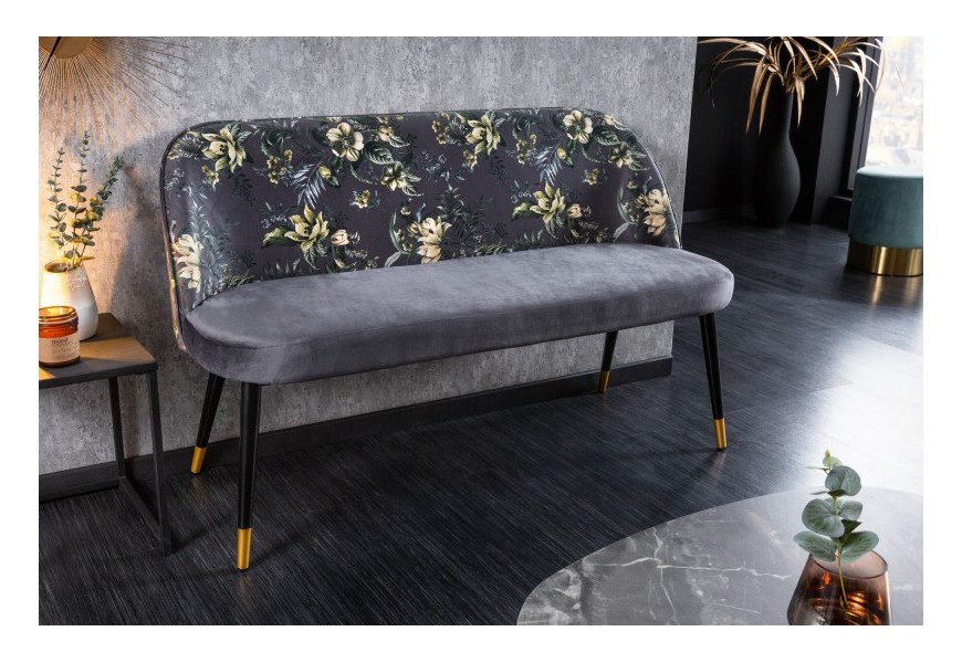 Modern&aacute; art-deco čal&uacute;nen&aacute; lavica Floreque do predsiene so siv&yacute;m zamatov&yacute;m poťahom s flor&aacute;lnym mot&iacute;vom 130cm