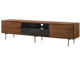 Modern&yacute; TV stol&iacute;k Nordica Nogal v orechovo hnedej farbe so z&aacute;suvkami a dvierkami s čiernymi kovov&yacute;mi nožičkami 200cm
