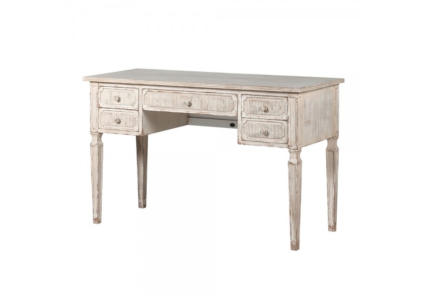Provensálsky masívny písací stolík Celene Rode v off white farbe v shabby chic štýle s piatimi zásuvkami na štyroch nožičkách zdobený patinou