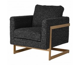 Moderné buklé kreslo Assetta v čiernom čalúnení s lesklou kovovou podstavou zlatej farby 85cm