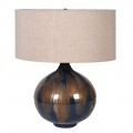 Vintage sklenen&aacute; čierno hned&aacute; stoln&aacute; lampa Margaery s jemnou smaltovanou kresbou a ľanov&yacute;m tienidlom ustricovej farby 52cmcm