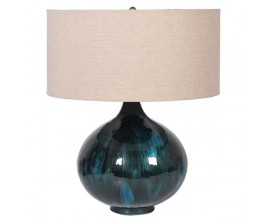 Art deco nočn&aacute; lampa Laguna s čiernomodrou zaoblenou podstavou a b&eacute;žov&yacute;m textiln&yacute;m tienidlom 54cm
