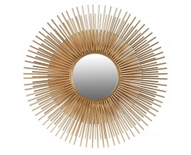 Luxusn&eacute; kovov&eacute; kruhov&eacute; n&aacute;stenn&eacute; zrkadlo Sturrock s okr&uacute;hlou zrkadlovou pochou v hrubom r&aacute;me evokuj&uacute;ce tenk&eacute; slnečn&eacute; l&uacute;če zlatej farby v art-deco &scaron;t&yacute;le