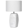 Štýlová biela nočná lampa Selmer s keramickou podstavou a okrúhlym bavlneným tienidlom