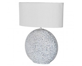 Stoln&aacute; lampa Emylou vo vintage &scaron;t&yacute;le s kruhovou modrou-bielou zdobenou podstavou a ov&aacute;lnym bielym tienidlom