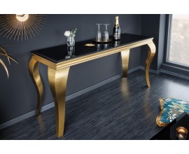 Modern&aacute; barokov&aacute; konzola do predsiene Gold Barock s cabriole nohami v zlatej farbe a vrchnou doskou z bezpečnostn&eacute;ho skla v čiernom preveden&iacute; op&aacute;l