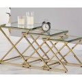 Art deco set troch sklenen&yacute;ch pr&iacute;ručn&yacute;ch stol&iacute;kov Brilia s kovovou kon&scaron;trukciou lesklej zlatej farby 