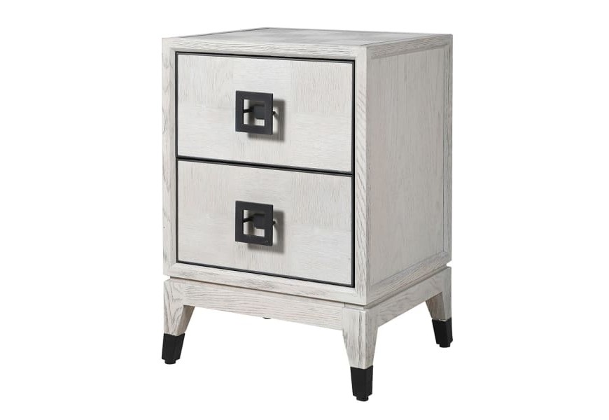 Moderný masívny nočný stolík Quadria Blanca v off white bielej farbe so štvorcovým vzorom a dvomi zásuvkami